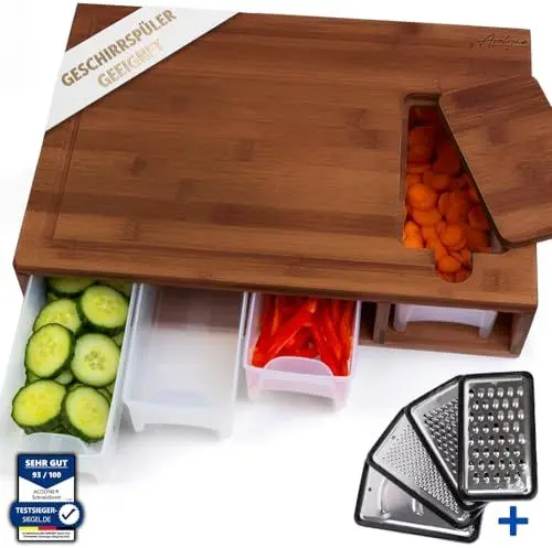 Produktbild: 𝐀𝐜𝐨𝐥𝐲𝐧𝐞® XXL Schneidebrett mit 4x Auffangschale & Abwurfschacht KARBONISIERTEN BAMBUS - Profi Schneidebrett Holz inkl 4x Schäler-Aufsatz - Holzbrett Küche, Frankfurter Brett, Cutting Board Wood